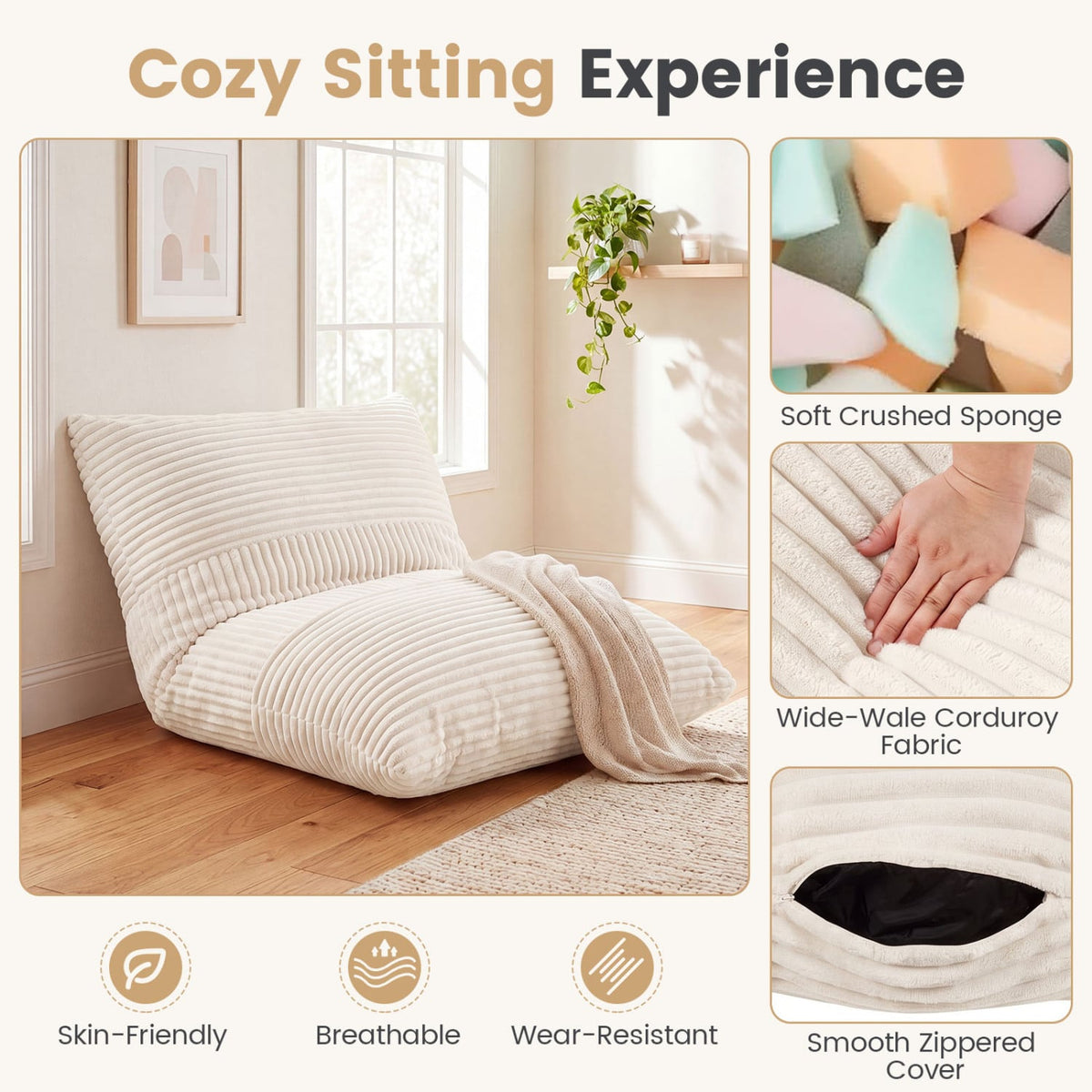 3-in-1 Large Bean Bag Chair with Comfy Corduroy Fabric-Beige-Floor Chairs-DECOROLALA