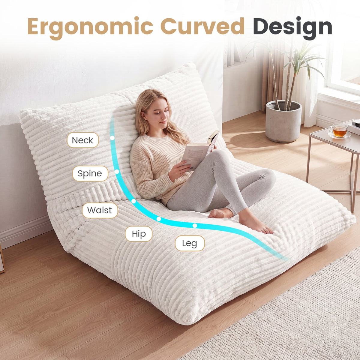 3-in-1 Large Bean Bag Chair with Comfy Corduroy Fabric-Beige-Floor Chairs-DECOROLALA