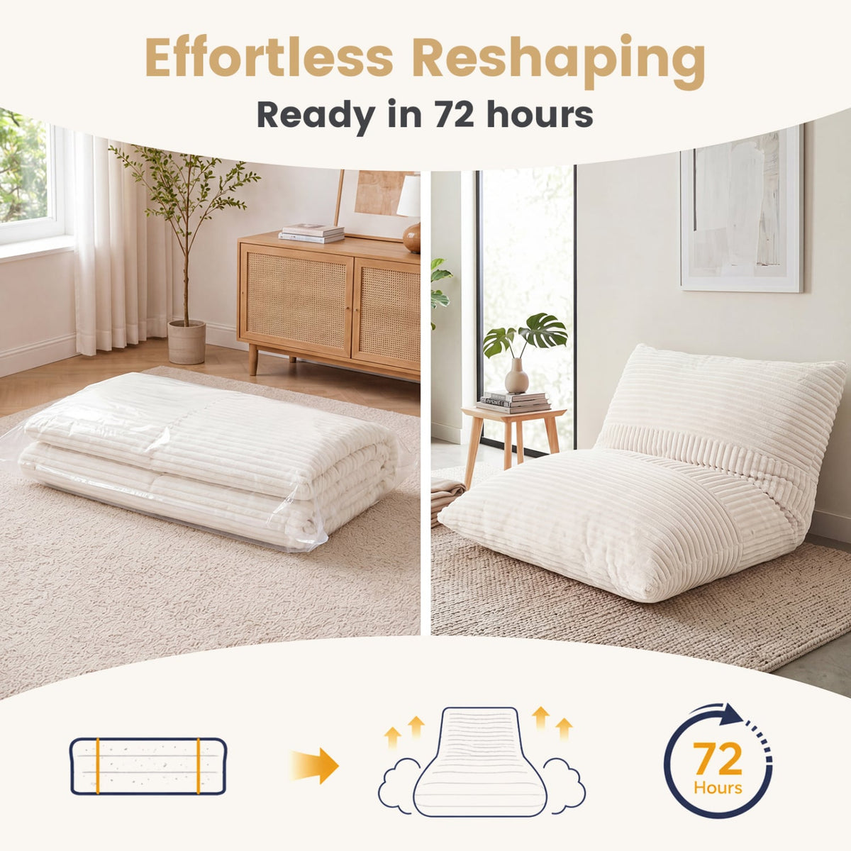 3-in-1 Large Bean Bag Chair with Comfy Corduroy Fabric-Beige-Floor Chairs-DECOROLALA