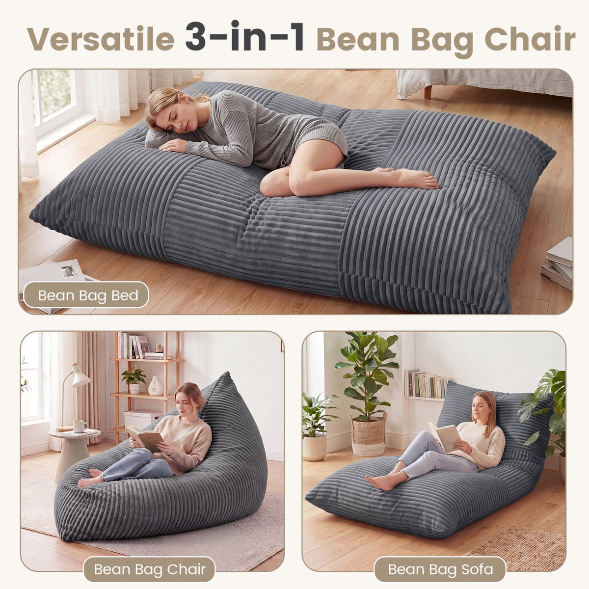3-in-1 Large Bean Bag Chair with Comfy Corduroy Fabric-Gray-Floor Chairs-DECOROLALA