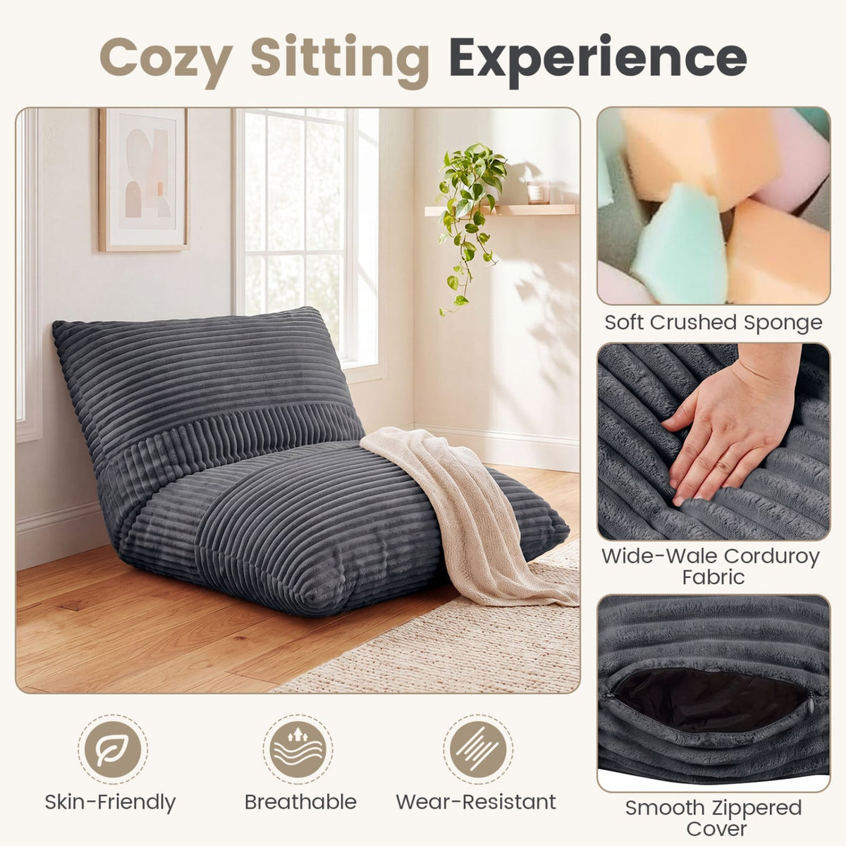 3-in-1 Large Bean Bag Chair with Comfy Corduroy Fabric-Gray-Floor Chairs-DECOROLALA