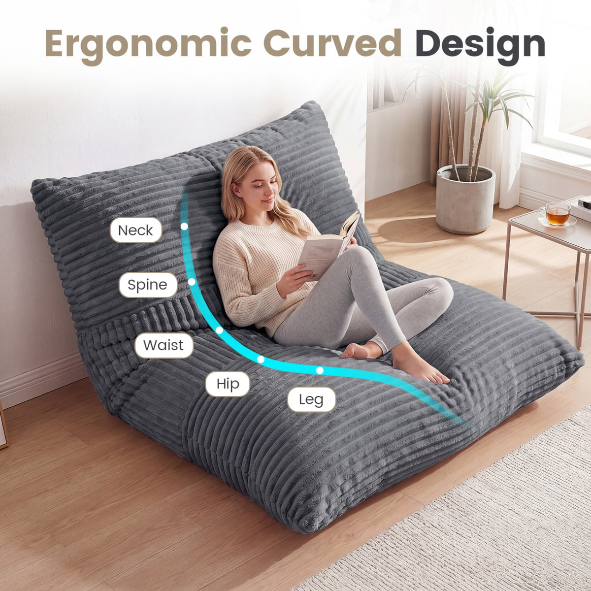 3-in-1 Large Bean Bag Chair with Comfy Corduroy Fabric-Gray-Floor Chairs-DECOROLALA