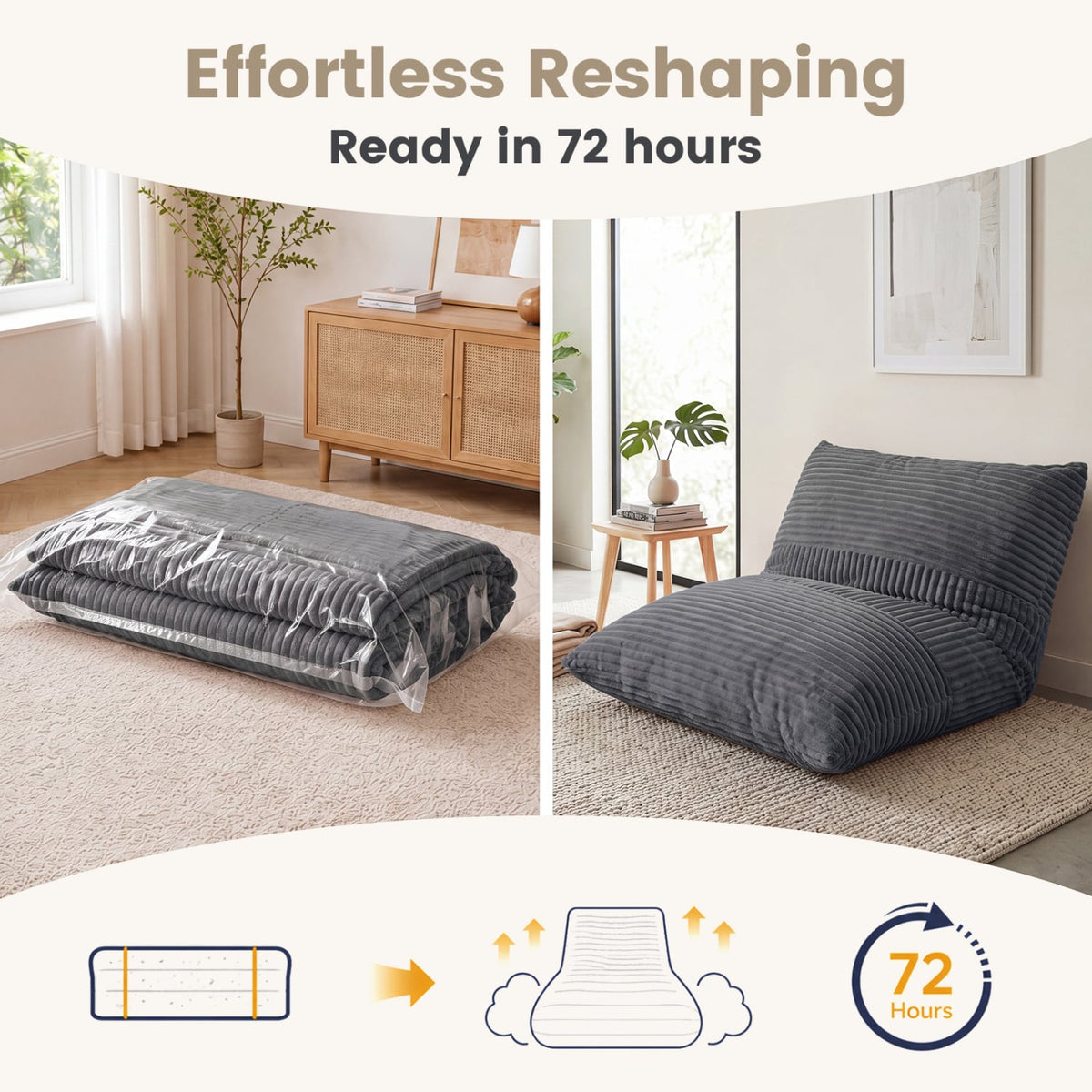 3-in-1 Large Bean Bag Chair with Comfy Corduroy Fabric-Gray-Floor Chairs-DECOROLALA