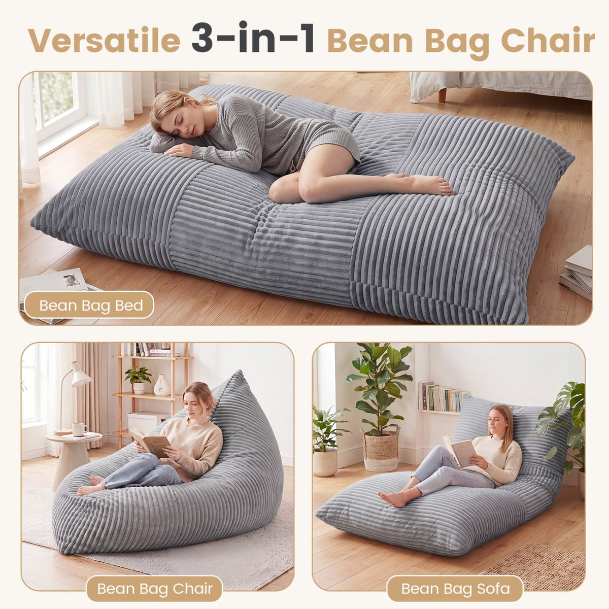 3-in-1 Large Bean Bag Chair with Comfy Corduroy Fabric-Light Gray-Floor Chairs-DECOROLALA
