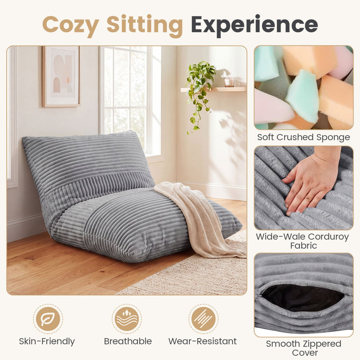 3-in-1 Large Bean Bag Chair with Comfy Corduroy Fabric-Light Gray-Floor Chairs-DECOROLALA