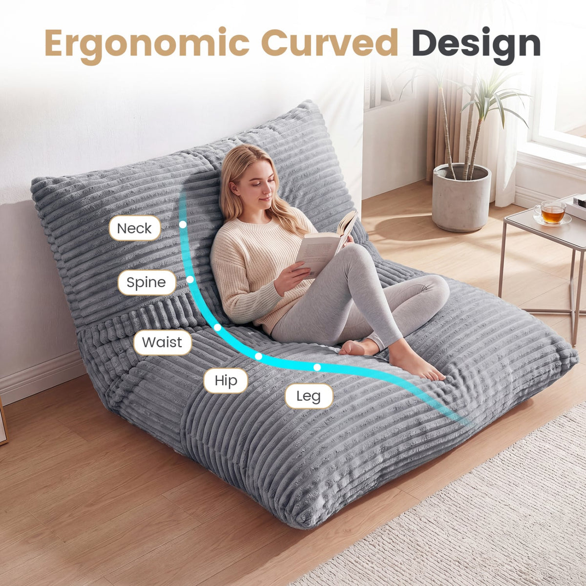 3-in-1 Large Bean Bag Chair with Comfy Corduroy Fabric-Light Gray-Floor Chairs-DECOROLALA
