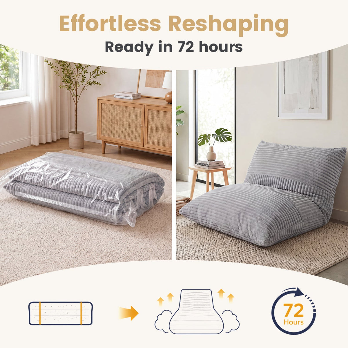 3-in-1 Large Bean Bag Chair with Comfy Corduroy Fabric-Light Gray-Floor Chairs-DECOROLALA