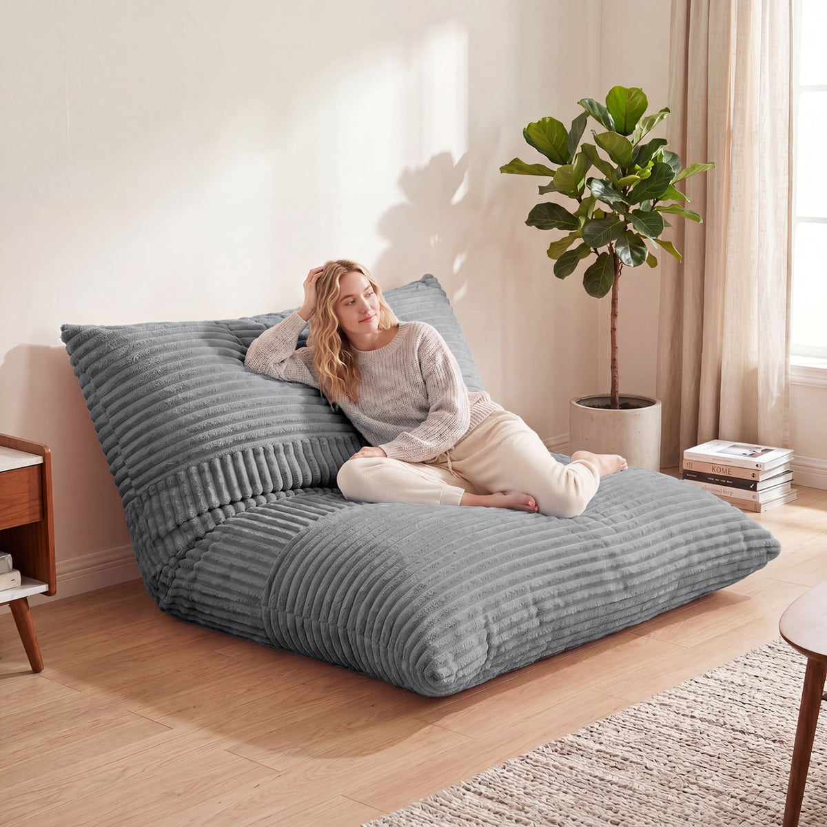 3-in-1 Large Bean Bag Chair with Comfy Corduroy Fabric-Light Gray-Floor Chairs-DECOROLALA