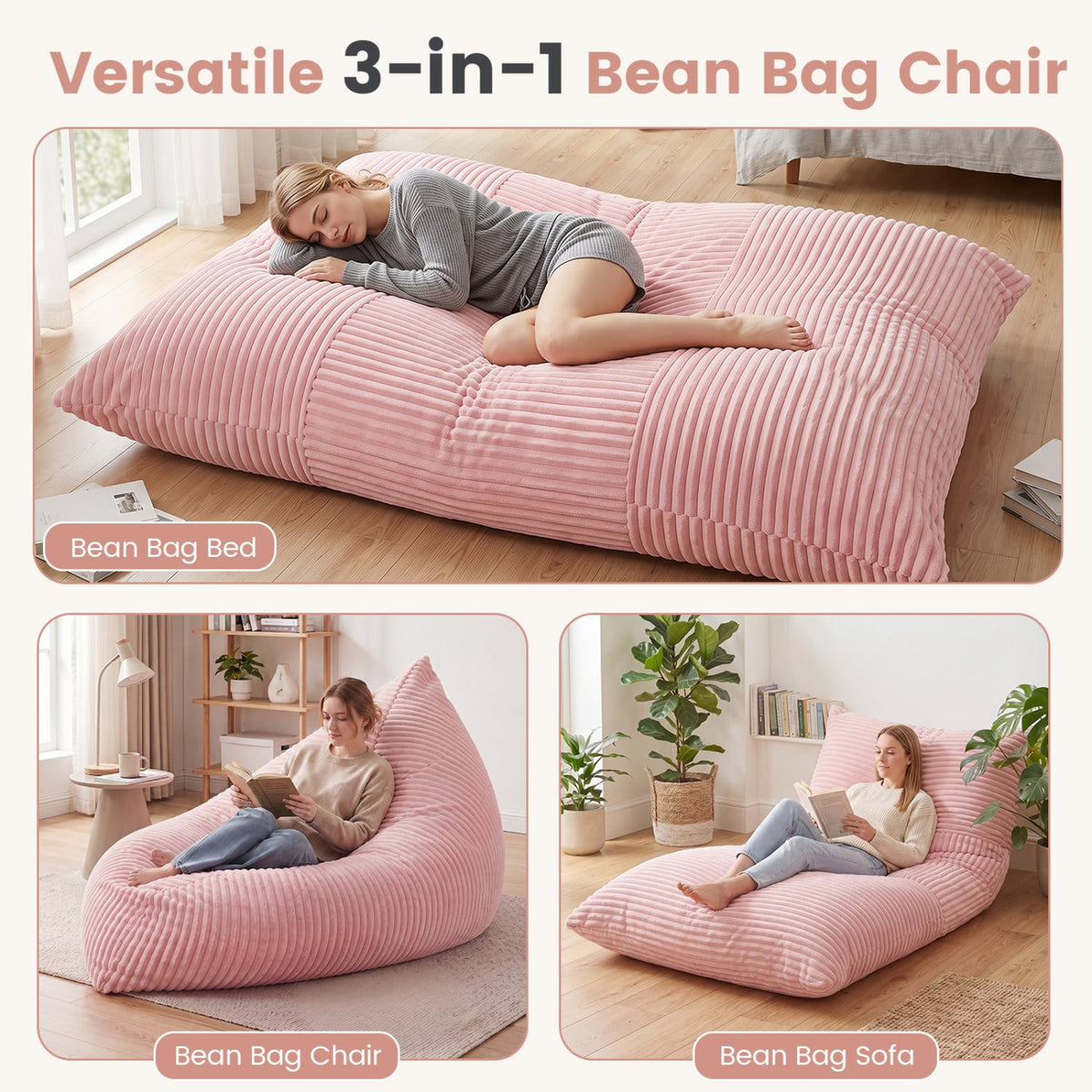 3-in-1 Large Bean Bag Chair with Comfy Corduroy Fabric-Pink-Floor Chairs-DECOROLALA