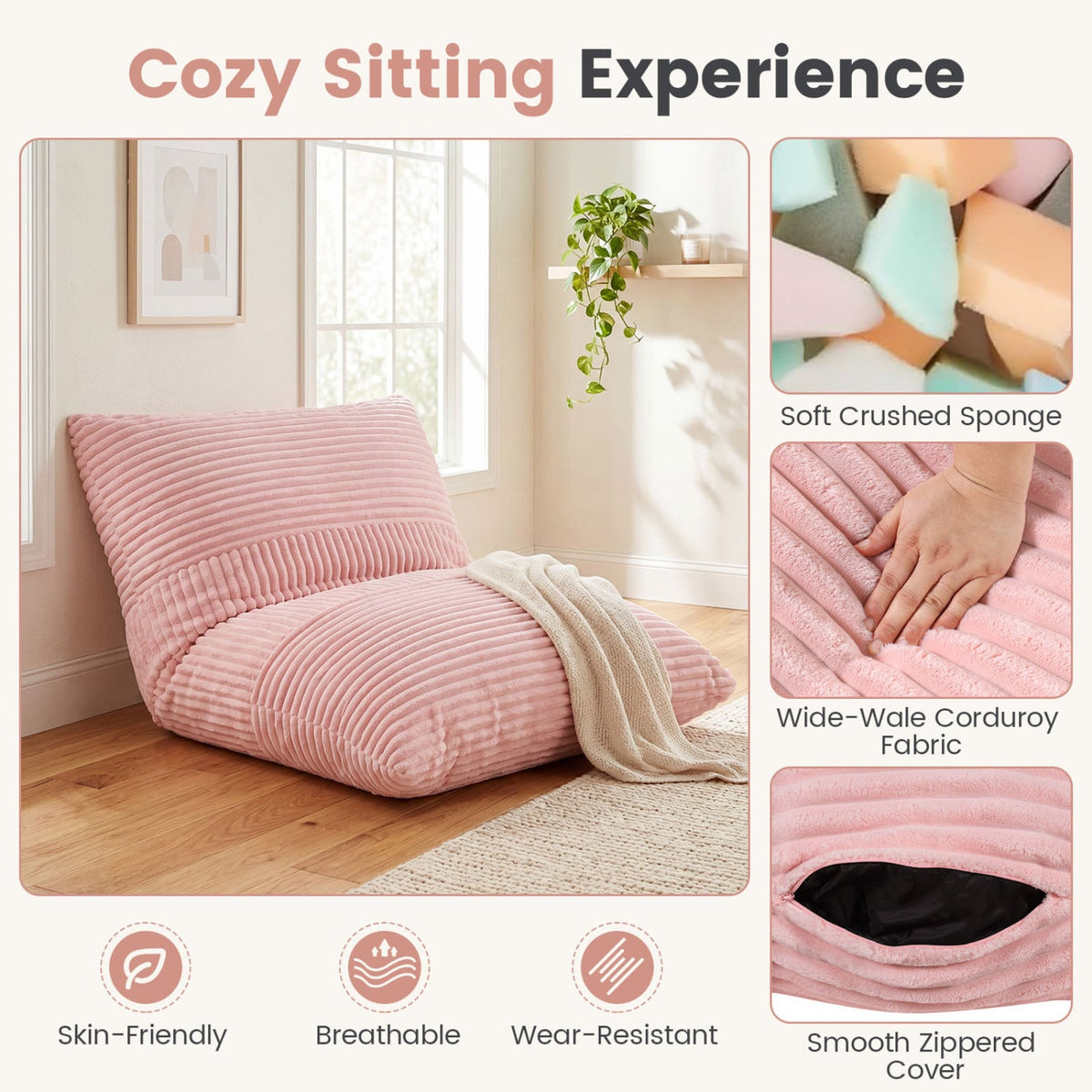 3-in-1 Large Bean Bag Chair with Comfy Corduroy Fabric-Pink-Floor Chairs-DECOROLALA