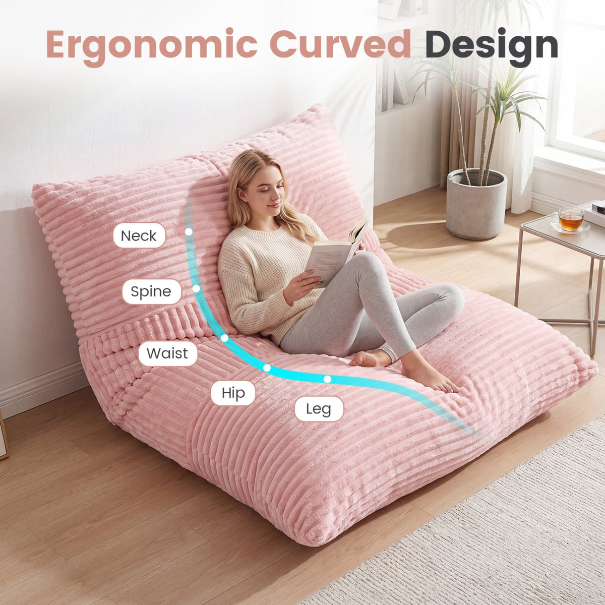 3-in-1 Large Bean Bag Chair with Comfy Corduroy Fabric-Pink-Floor Chairs-DECOROLALA