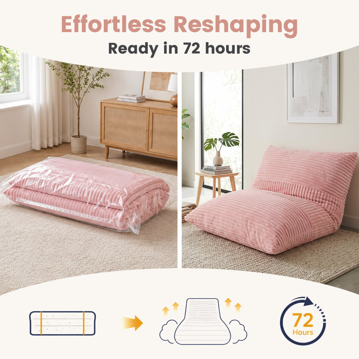 3-in-1 Large Bean Bag Chair with Comfy Corduroy Fabric-Pink-Floor Chairs-DECOROLALA