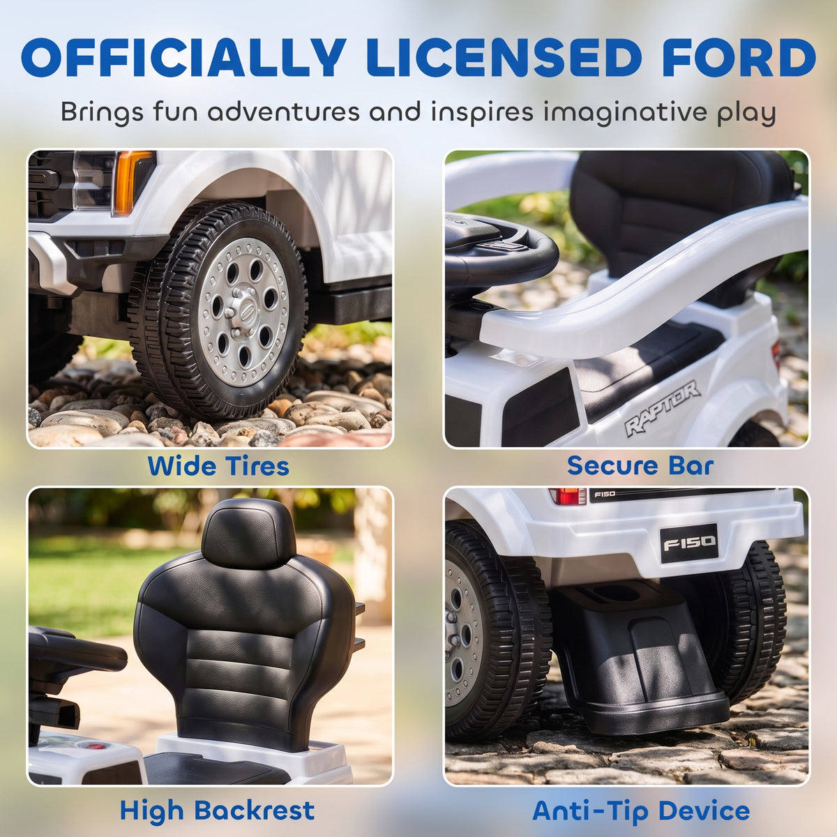 3 In 1 Licensed Ford Kids Push Car with Push Handle, Horn, Sound, Secure Bar, Storage, for Toddlers 18-36 Months-Toys & Games > Baby & Toddler Toys > Riding & Rocking Toys > Push Cars for Toddlers-DECOROLALA