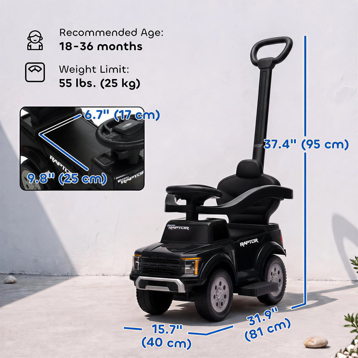 3 In 1 Licensed Ford Kids Push Car with Push Handle, Horn, Sound, Secure Bar, Storage, for Toddlers 18-36 Months-Toys & Games > Baby & Toddler Toys > Riding & Rocking Toys > Push Cars for Toddlers-DECOROLALA