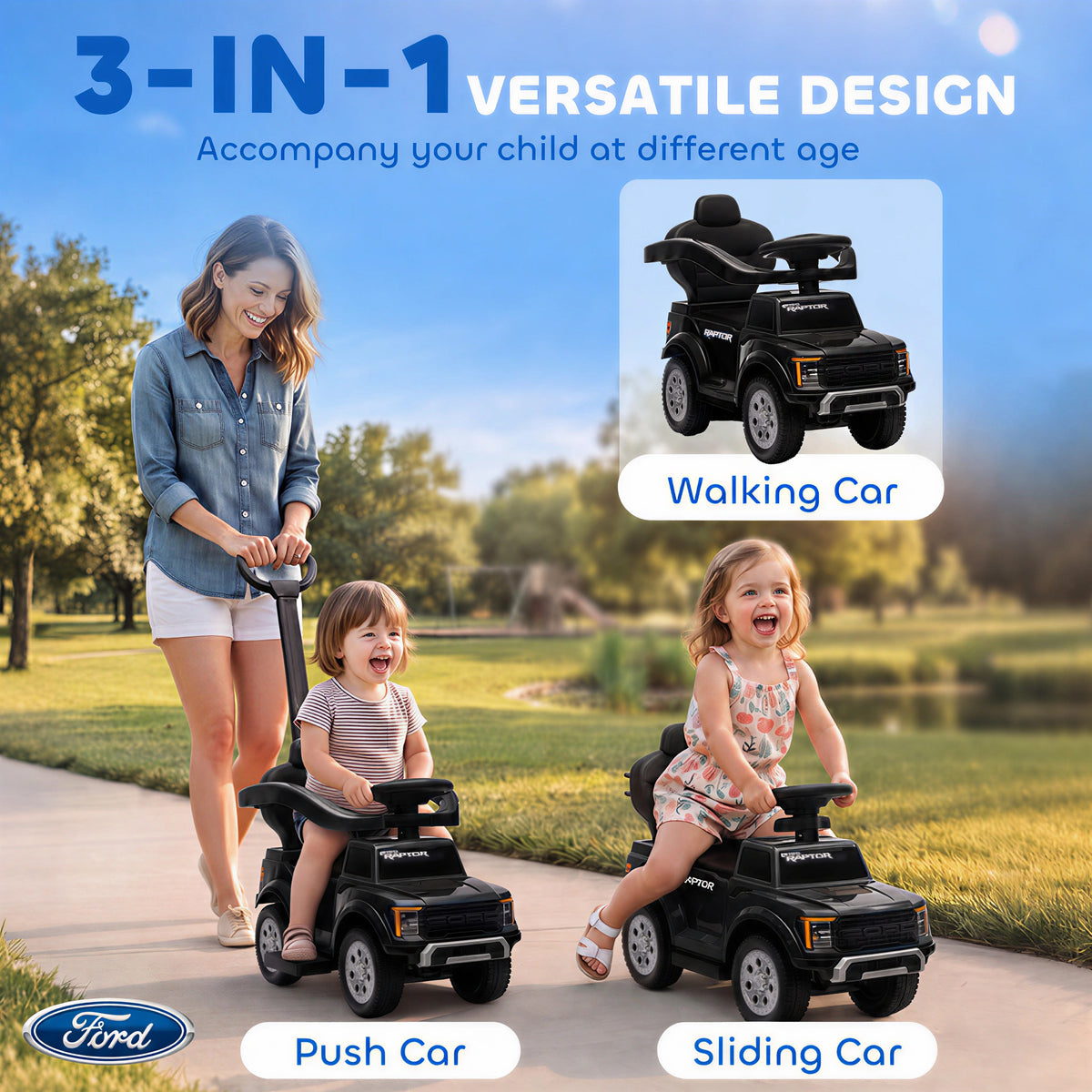 3 In 1 Licensed Ford Kids Push Car with Push Handle, Horn, Sound, Secure Bar, Storage, for Toddlers 18-36 Months-Toys & Games > Baby & Toddler Toys > Riding & Rocking Toys > Push Cars for Toddlers-DECOROLALA