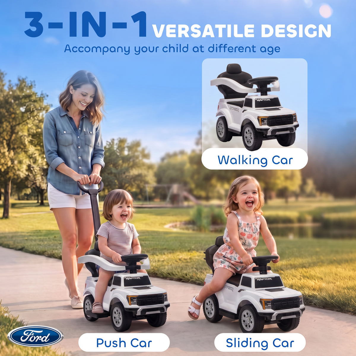 3 In 1 Licensed Ford Kids Push Car with Push Handle, Horn, Sound, Secure Bar, Storage, for Toddlers 18-36 Months-Toys & Games > Baby & Toddler Toys > Riding & Rocking Toys > Push Cars for Toddlers-DECOROLALA