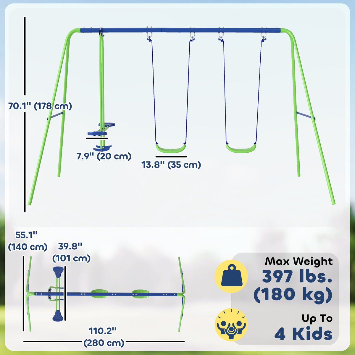 3 in 1 Metal Swing Set with Double Swings, Glider for Backyard, Outdoor, Playgroundt, Green-Toys & Games > Kids Outdoor Play > Gym Sets & Swings-DECOROLALA