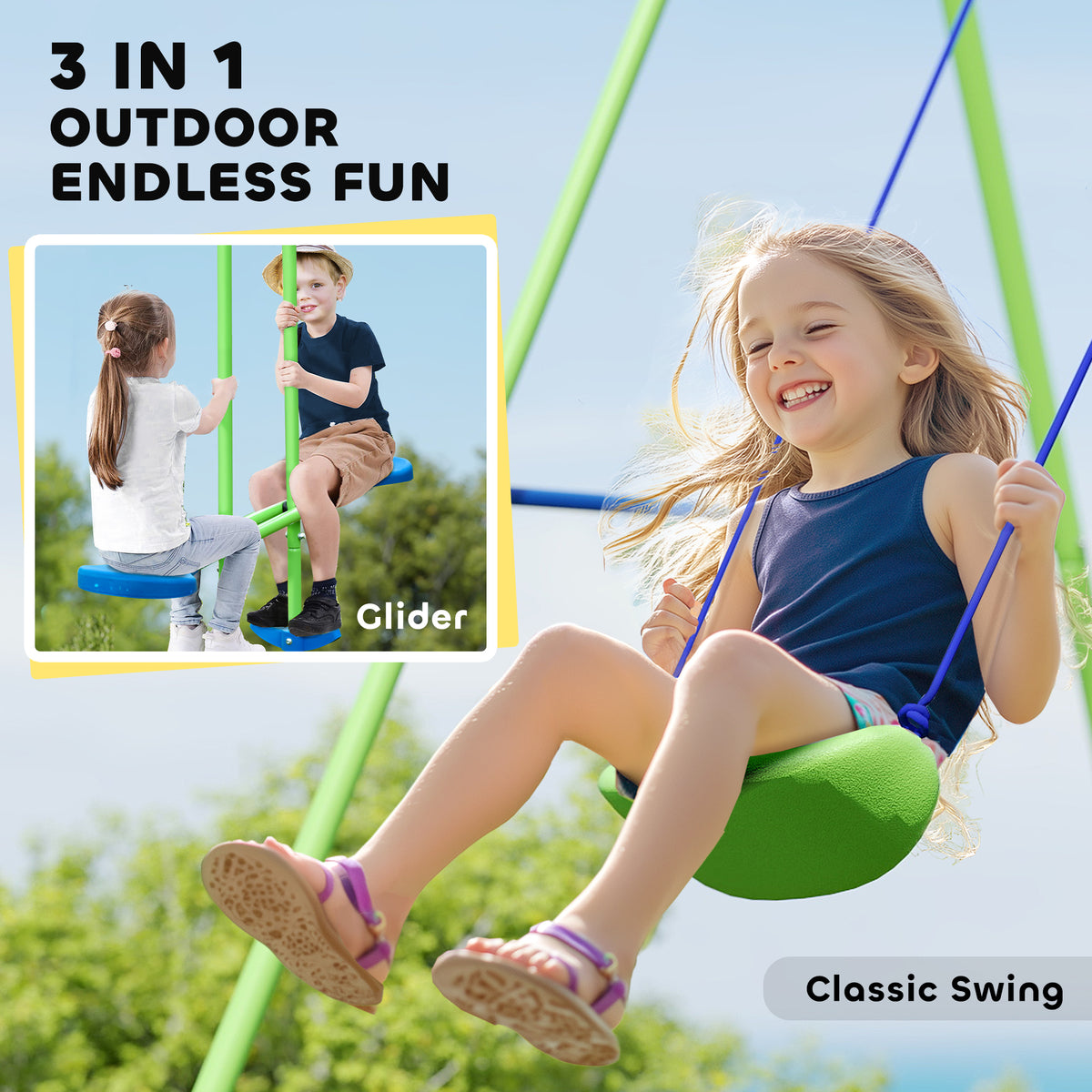 3 in 1 Metal Swing Set with Double Swings, Glider for Backyard, Outdoor, Playgroundt, Green-Toys & Games > Kids Outdoor Play > Gym Sets & Swings-DECOROLALA