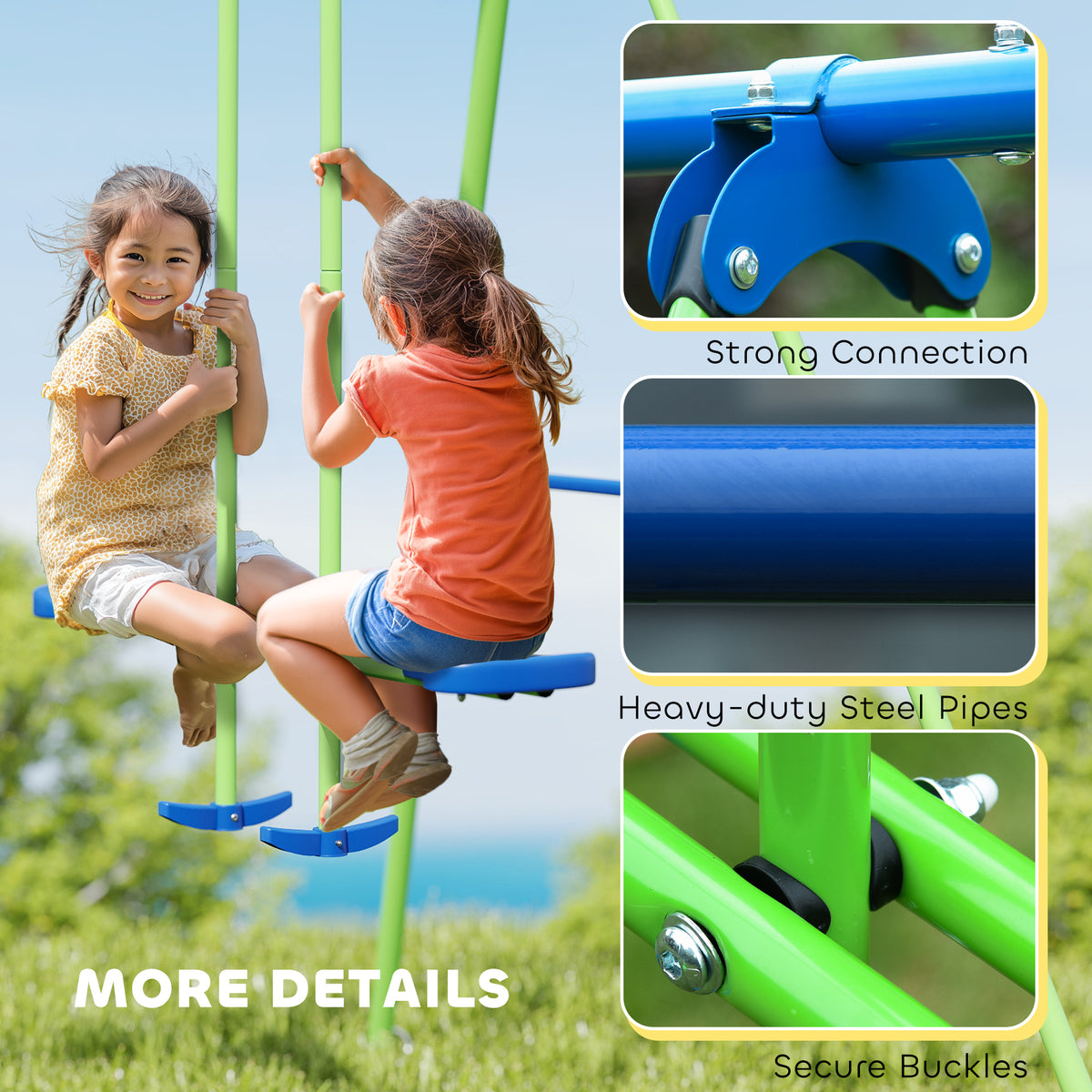 3 in 1 Metal Swing Set with Double Swings, Glider for Backyard, Outdoor, Playgroundt, Green-Toys & Games > Kids Outdoor Play > Gym Sets & Swings-DECOROLALA