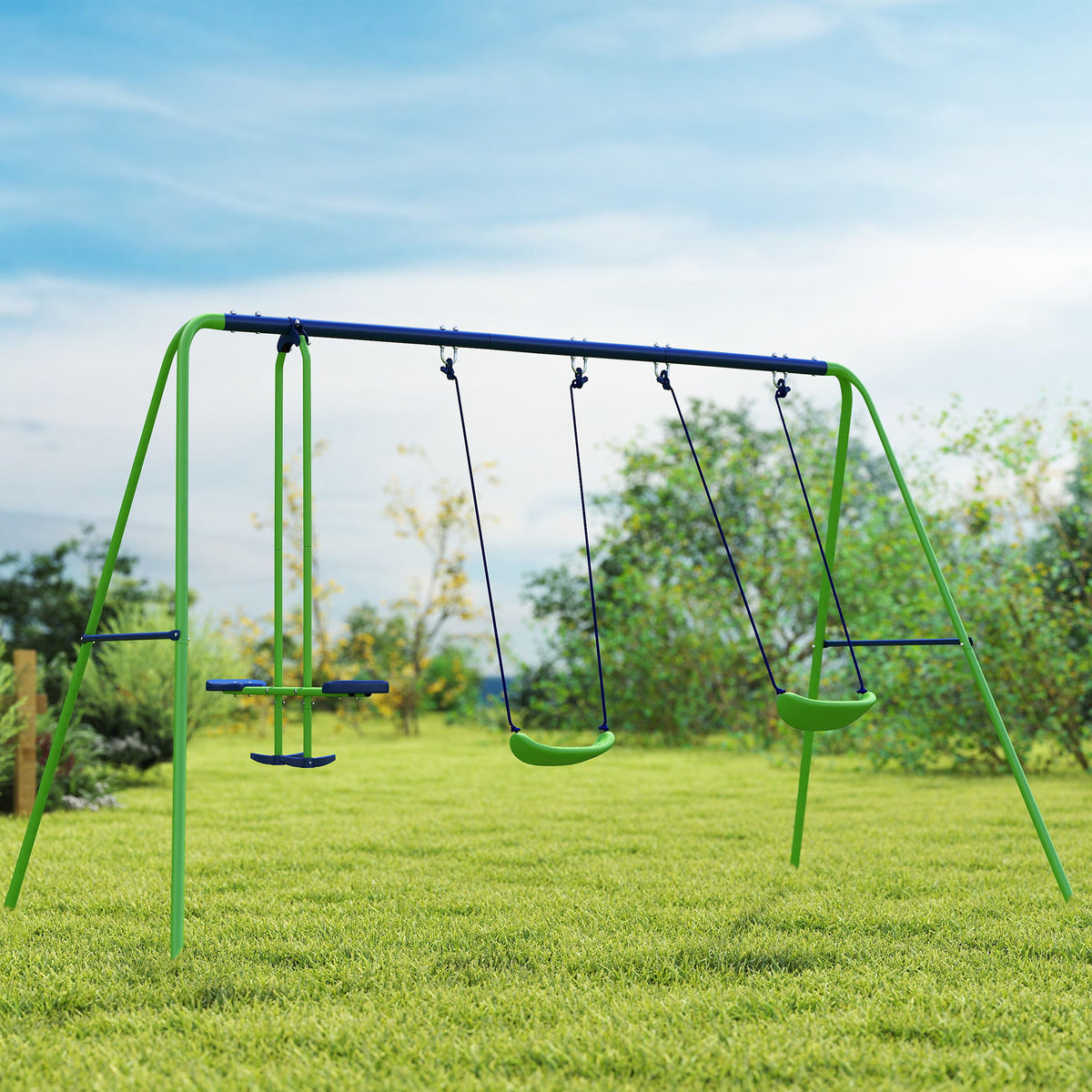 3 in 1 Metal Swing Set with Double Swings, Glider for Backyard, Outdoor, Playgroundt, Green-Toys & Games > Kids Outdoor Play > Gym Sets & Swings-DECOROLALA