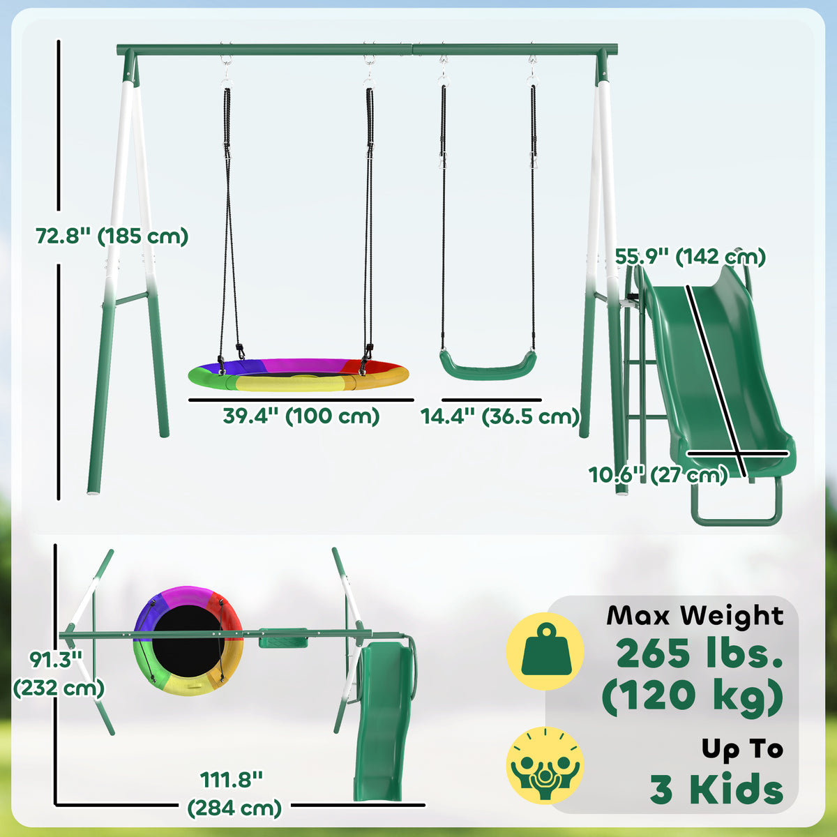 Metal Swing Set with Slide, Saucer Swing Seat, Heavy Duty A-Frame Stand and Adjustable Rope for Backyard, Dark Green-Toys & Games > Kids Outdoor Play > Gym Sets & Swings-DECOROLALA