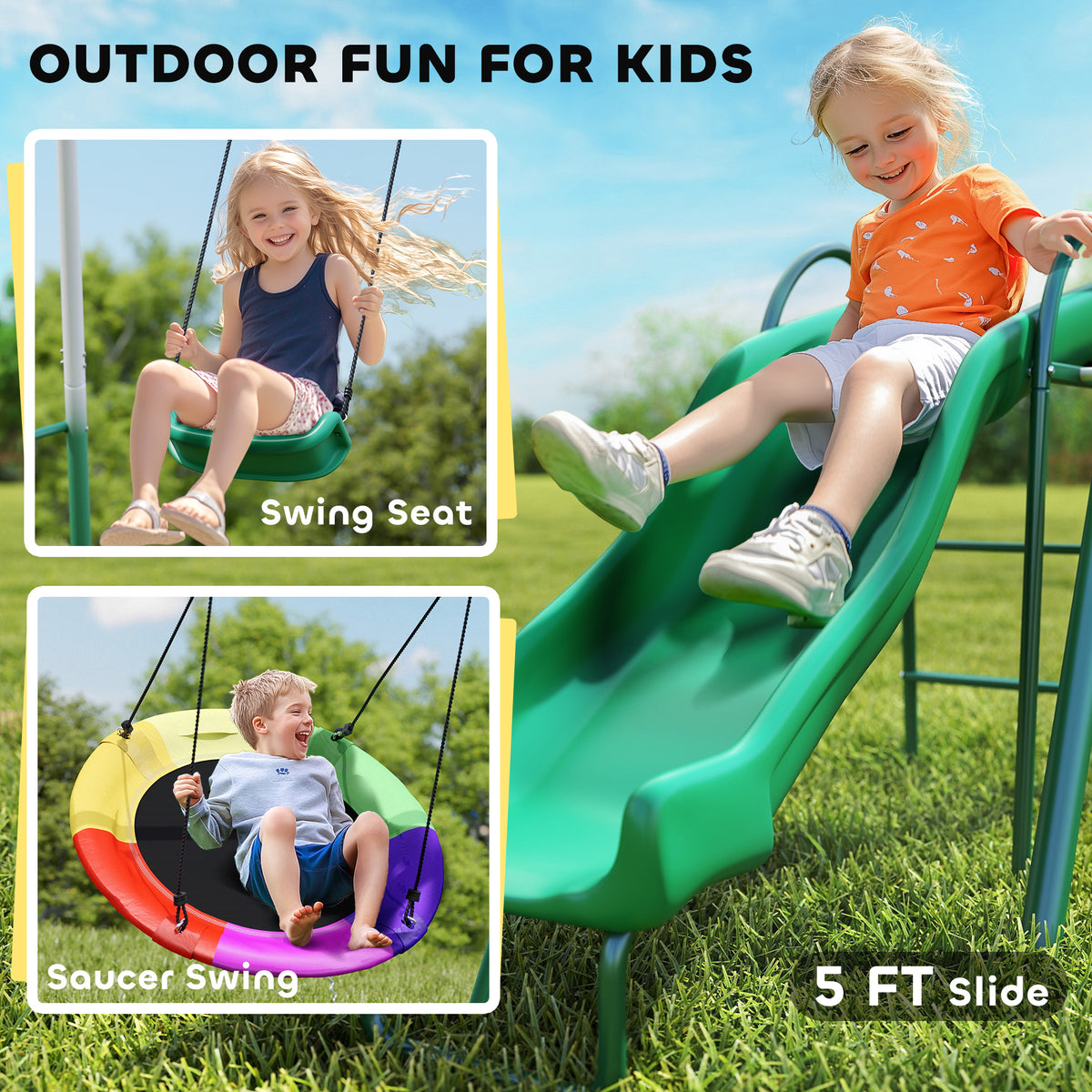 Metal Swing Set with Slide, Saucer Swing Seat, Heavy Duty A-Frame Stand and Adjustable Rope for Backyard, Dark Green-Toys & Games > Kids Outdoor Play > Gym Sets & Swings-DECOROLALA