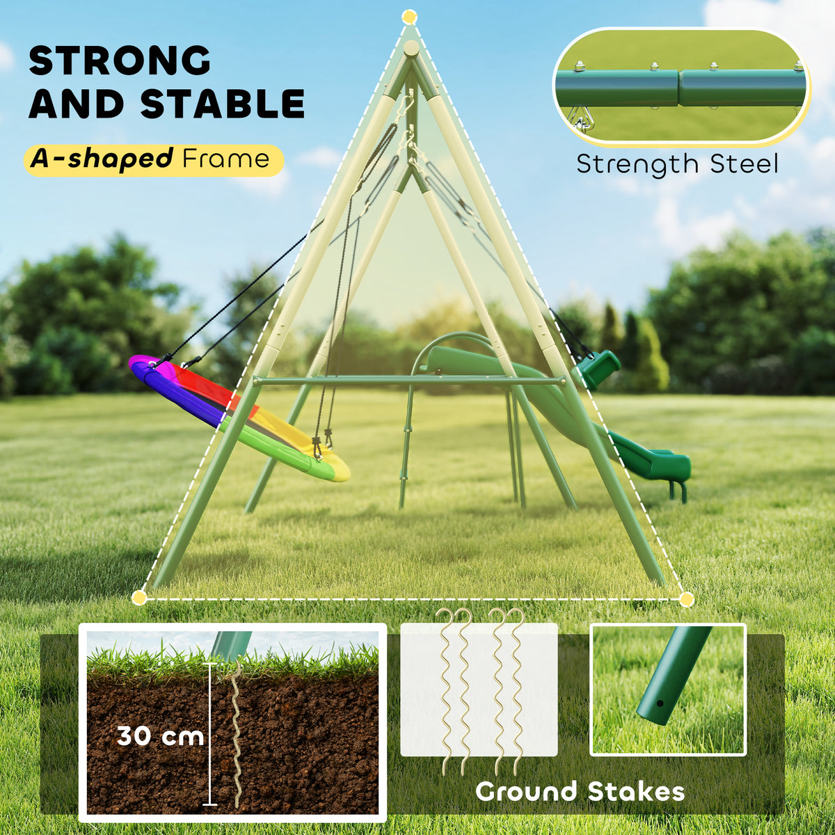 Metal Swing Set with Slide, Saucer Swing Seat, Heavy Duty A-Frame Stand and Adjustable Rope for Backyard, Dark Green-Toys & Games > Kids Outdoor Play > Gym Sets & Swings-DECOROLALA