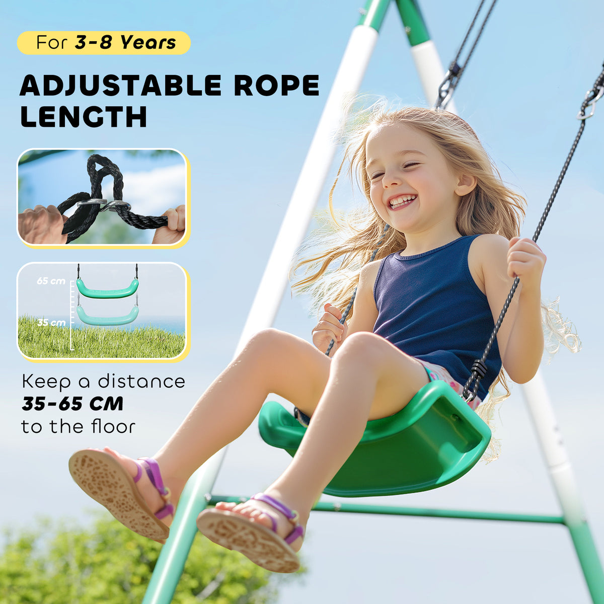 Metal Swing Set with Slide, Saucer Swing Seat, Heavy Duty A-Frame Stand and Adjustable Rope for Backyard, Dark Green-Toys & Games > Kids Outdoor Play > Gym Sets & Swings-DECOROLALA