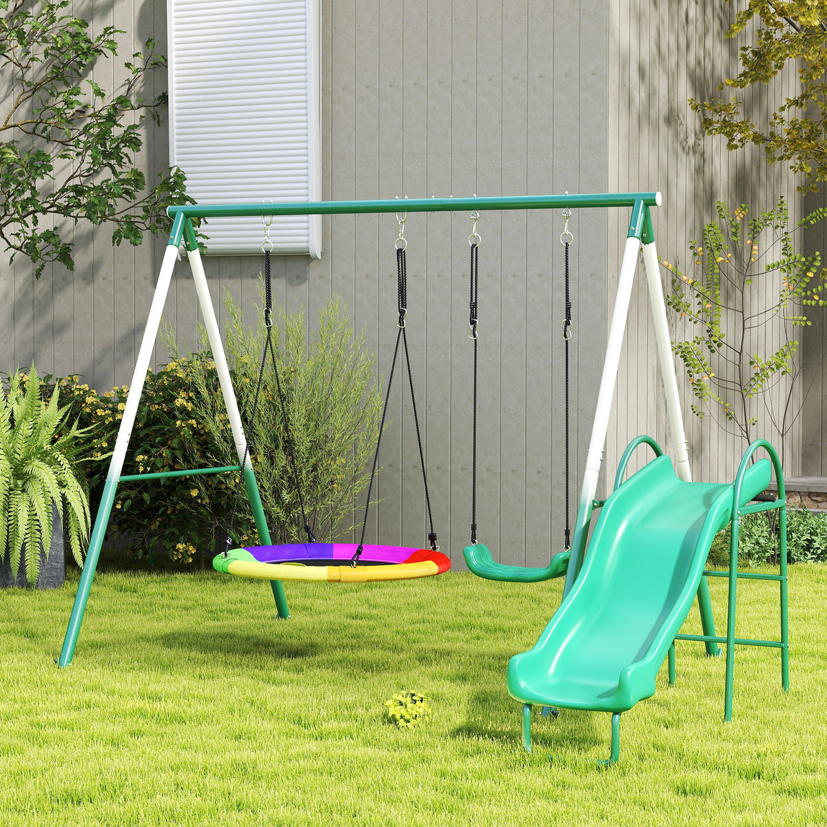 Metal Swing Set with Slide, Saucer Swing Seat, Heavy Duty A-Frame Stand and Adjustable Rope for Backyard, Dark Green-Toys & Games > Kids Outdoor Play > Gym Sets & Swings-DECOROLALA