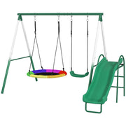 Metal Swing Set with Slide, Saucer Swing Seat, Heavy Duty A-Frame Stand and Adjustable Rope for Backyard, Dark Green-Toys & Games > Kids Outdoor Play > Gym Sets & Swings-DECOROLALA