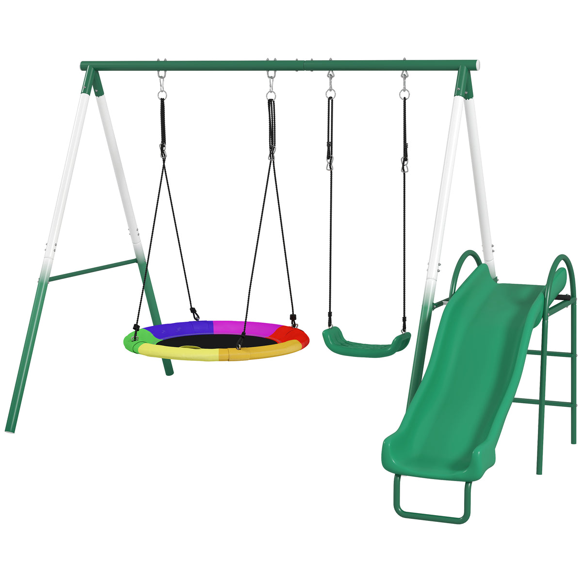 Metal Swing Set with Slide, Saucer Swing Seat, Heavy Duty A-Frame Stand and Adjustable Rope for Backyard, Dark Green-Toys & Games > Kids Outdoor Play > Gym Sets & Swings-DECOROLALA