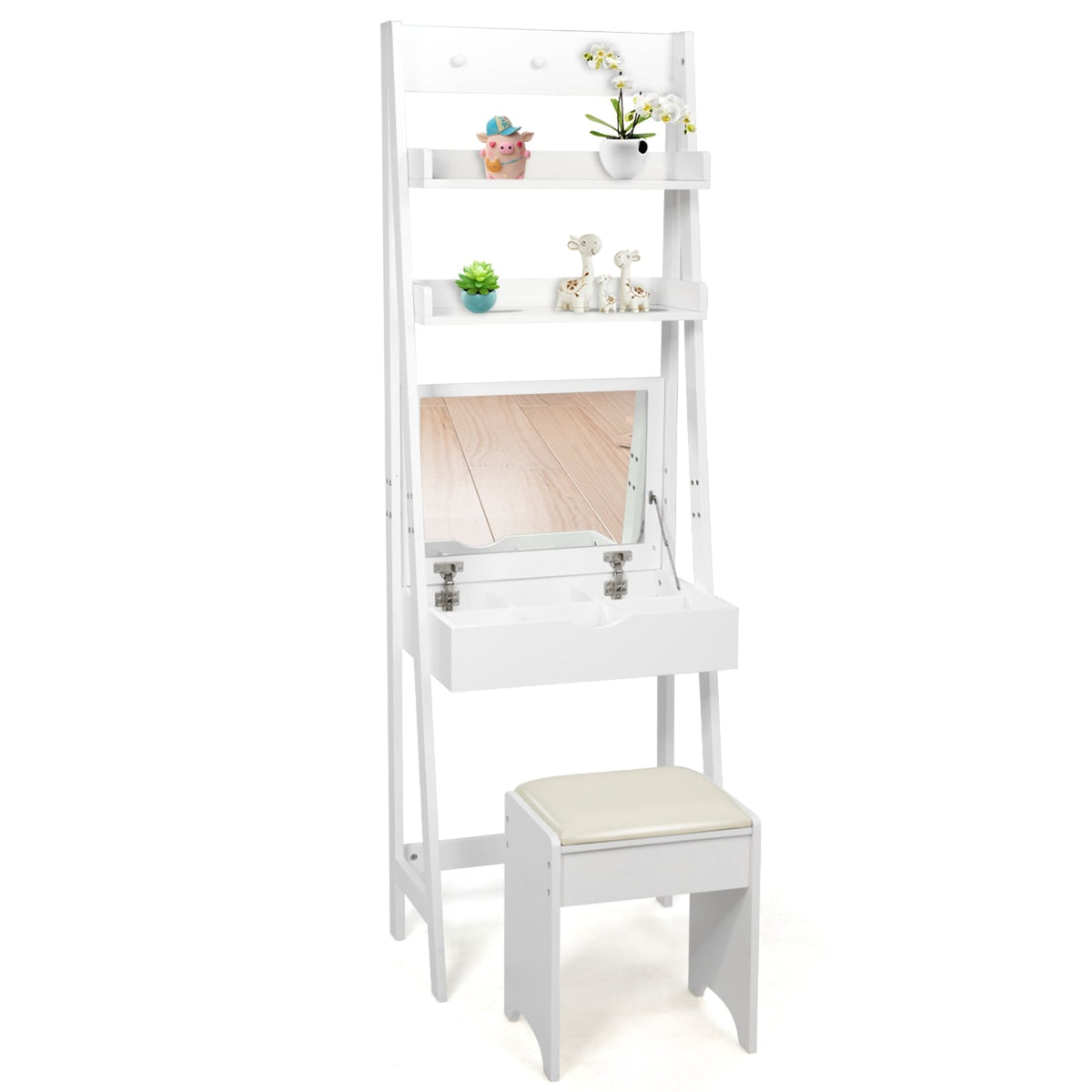 3-in-1 Modern Shelf Vanity Set with Flip Top Mirror and 6 Makeup Organizers-Makeup Vanities-DECOROLALA