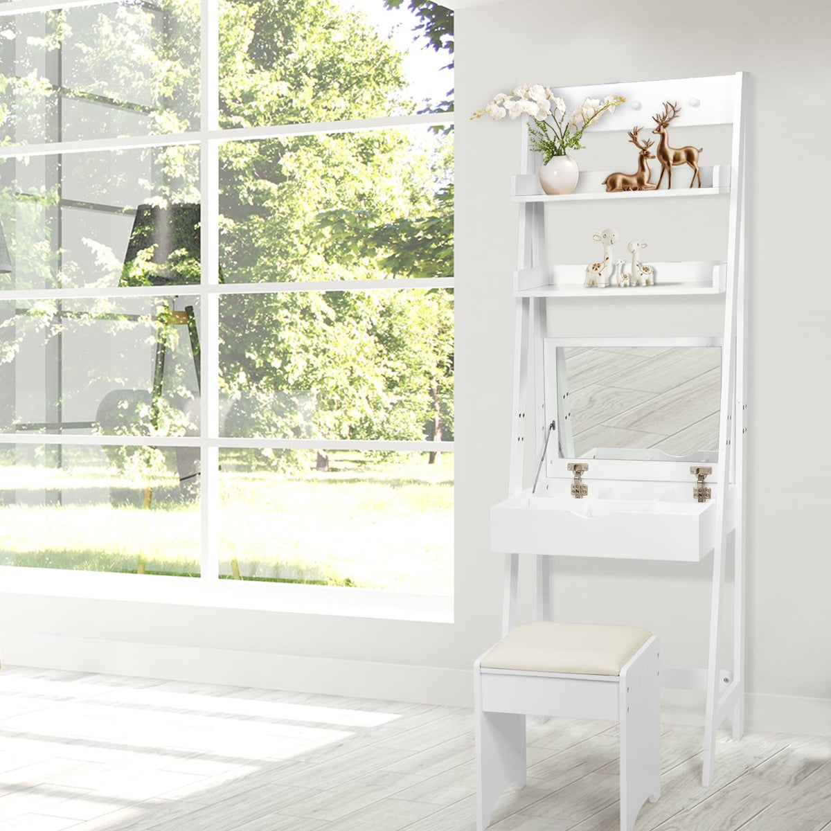 3-in-1 Modern Shelf Vanity Set with Flip Top Mirror and 6 Makeup Organizers-Makeup Vanities-DECOROLALA