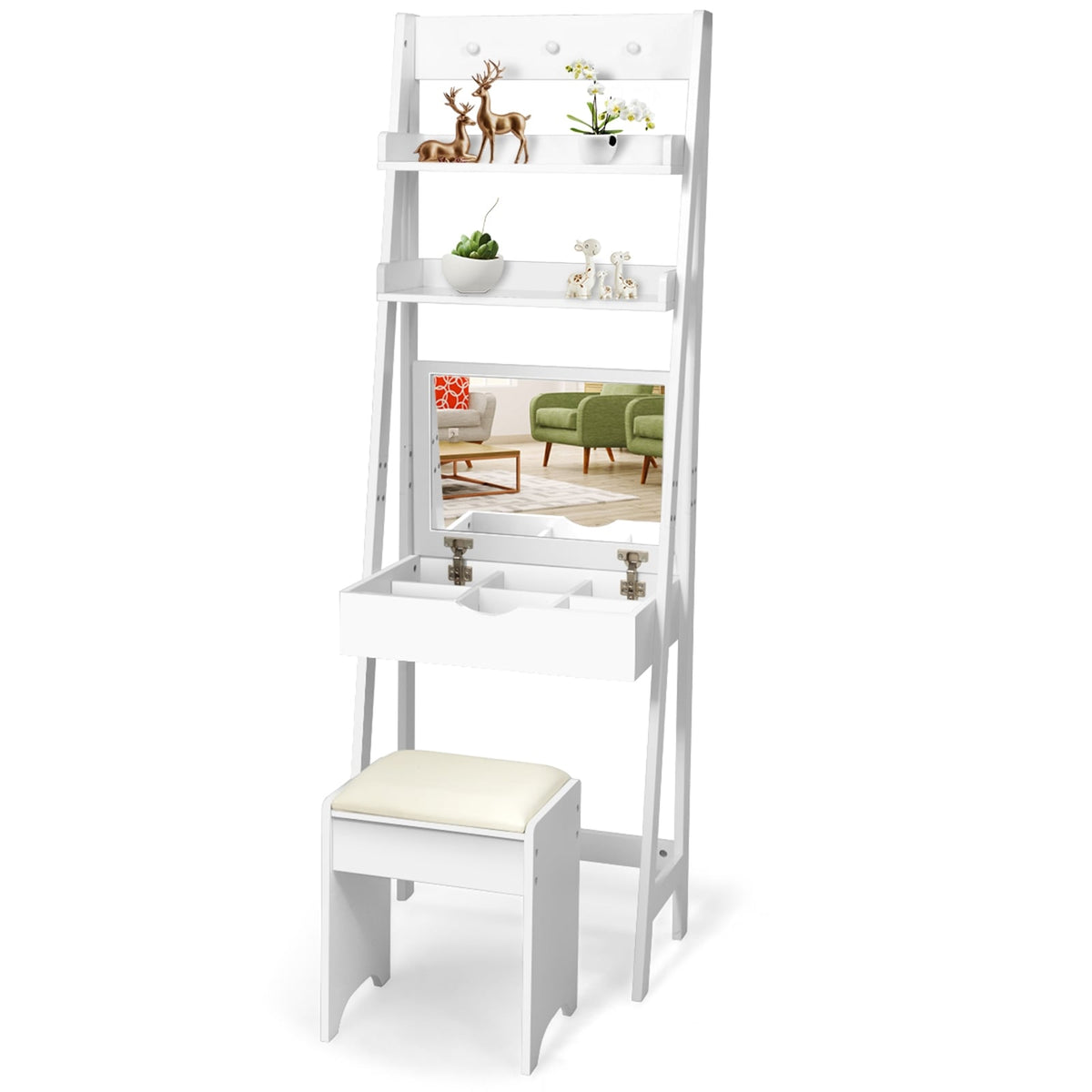 3-in-1 Modern Shelf Vanity Set with Flip Top Mirror and 6 Makeup Organizers-Makeup Vanities-DECOROLALA