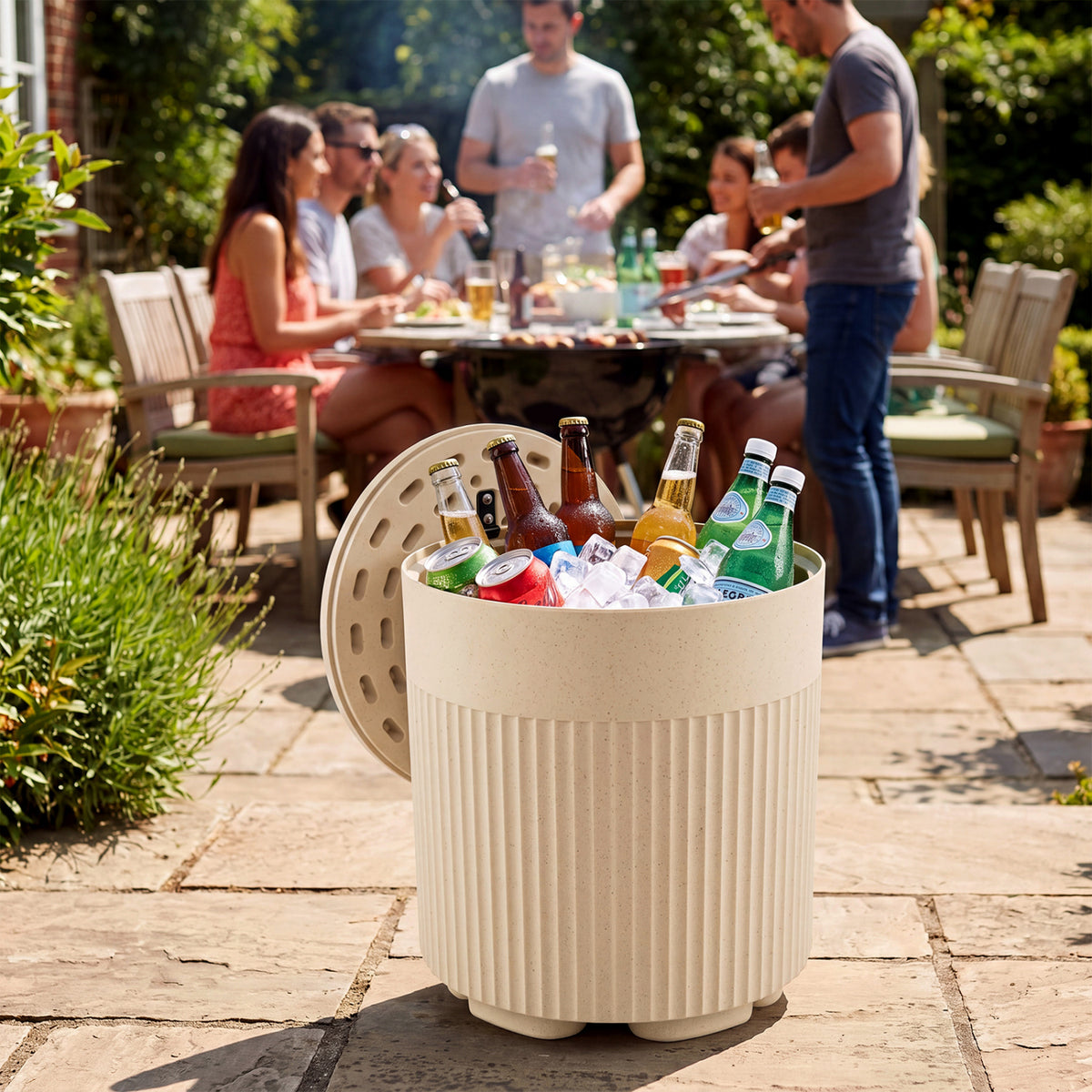 3-in-1 Outdoor Cooler Side Table with Fluted Design for Deck-Beige-Coolers-DECOROLALA
