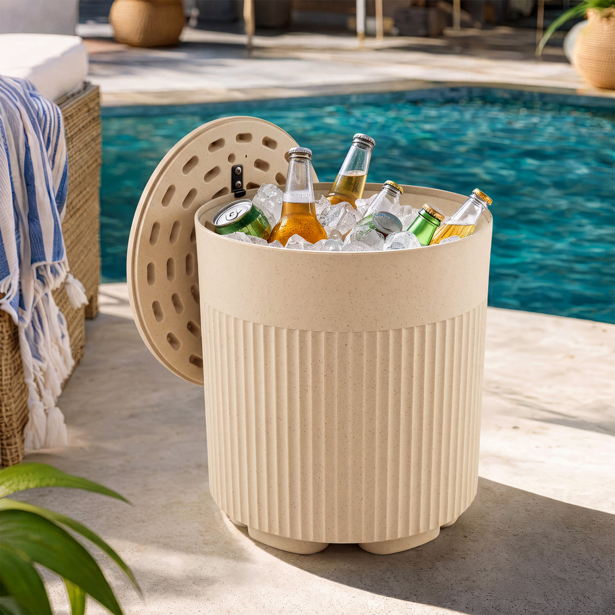3-in-1 Outdoor Cooler Side Table with Fluted Design for Deck-Beige-Coolers-DECOROLALA