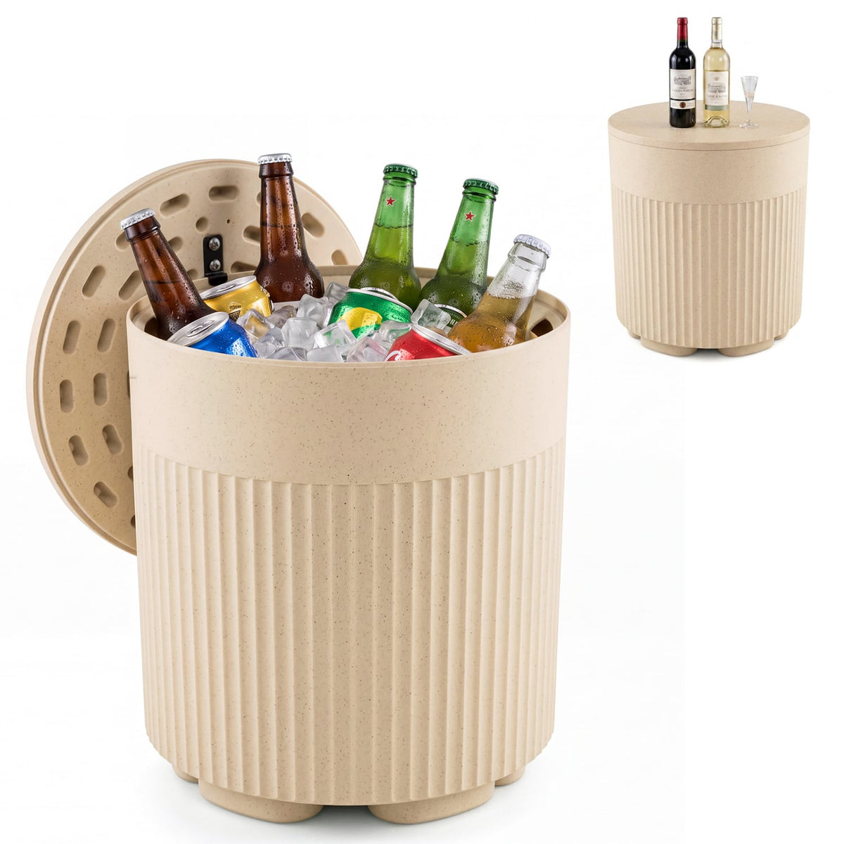 3-in-1 Outdoor Cooler Side Table with Fluted Design for Deck-Beige-Coolers-DECOROLALA
