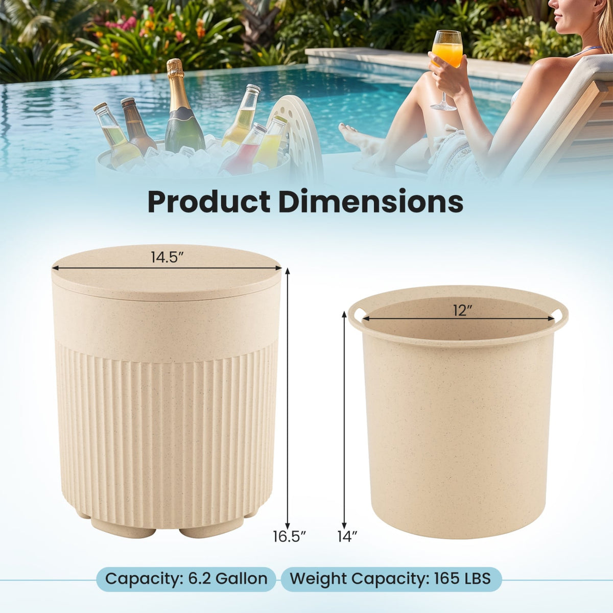 3-in-1 Outdoor Cooler Side Table with Fluted Design for Deck-Beige-Coolers-DECOROLALA
