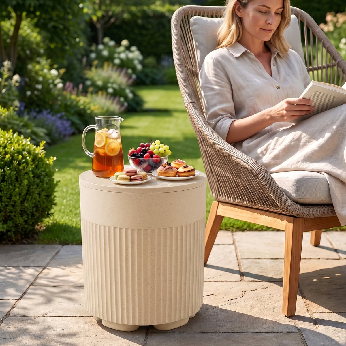 3-in-1 Outdoor Cooler Side Table with Fluted Design for Deck-Beige-Coolers-DECOROLALA