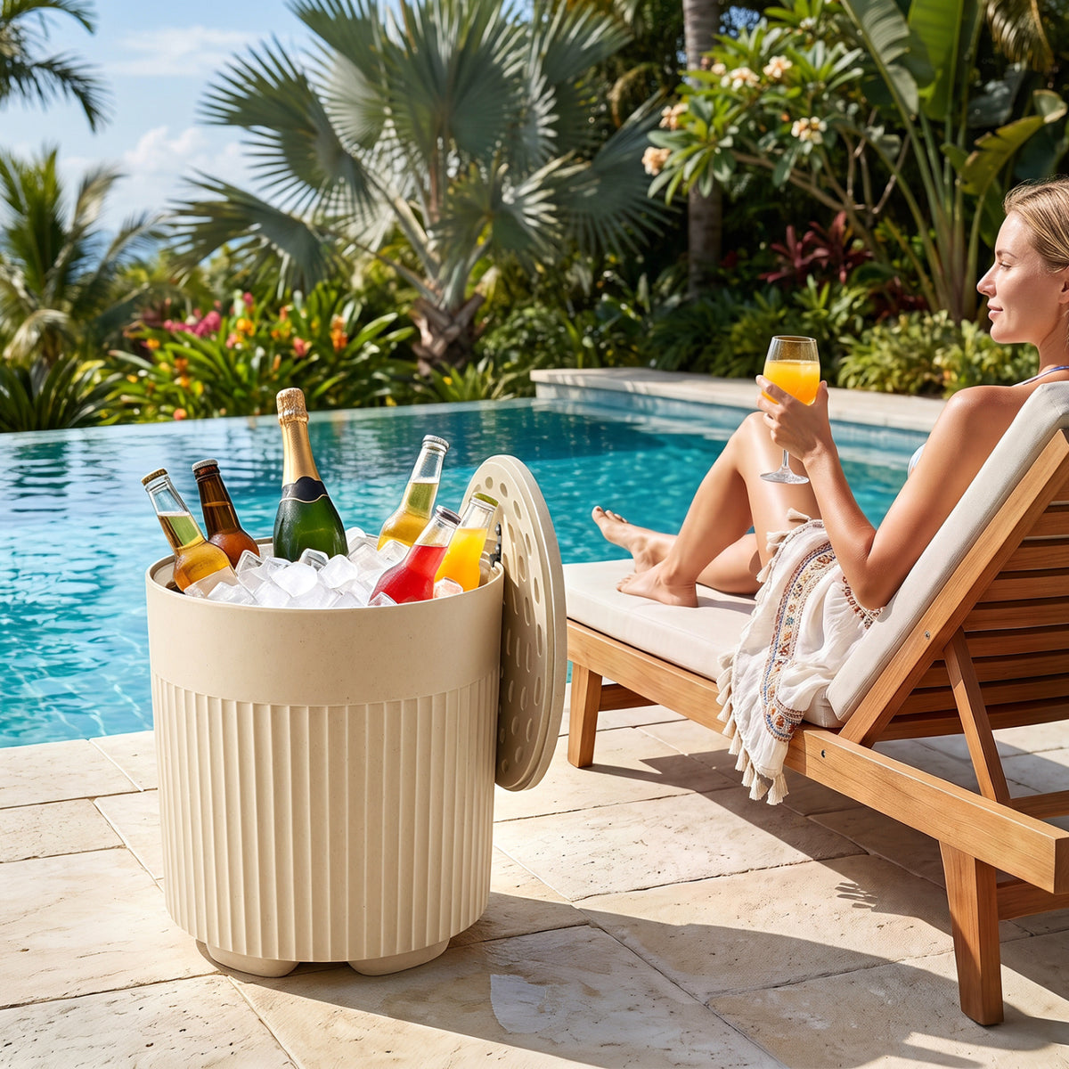 3-in-1 Outdoor Cooler Side Table with Fluted Design for Deck-Beige-Coolers-DECOROLALA