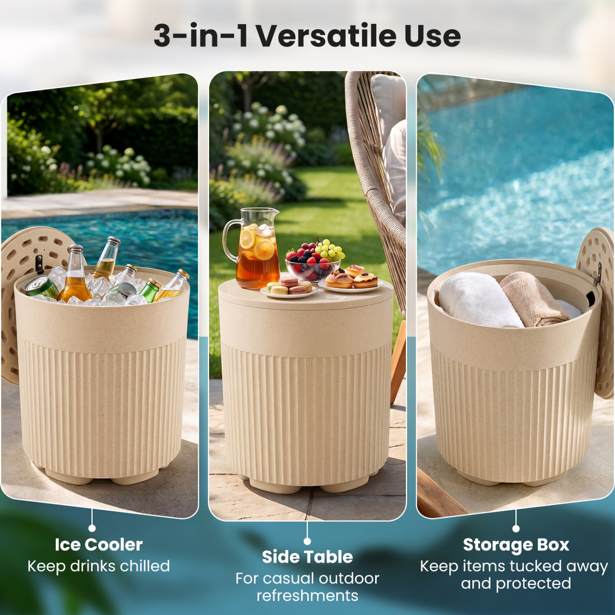 3-in-1 Outdoor Cooler Side Table with Fluted Design for Deck-Beige-Coolers-DECOROLALA