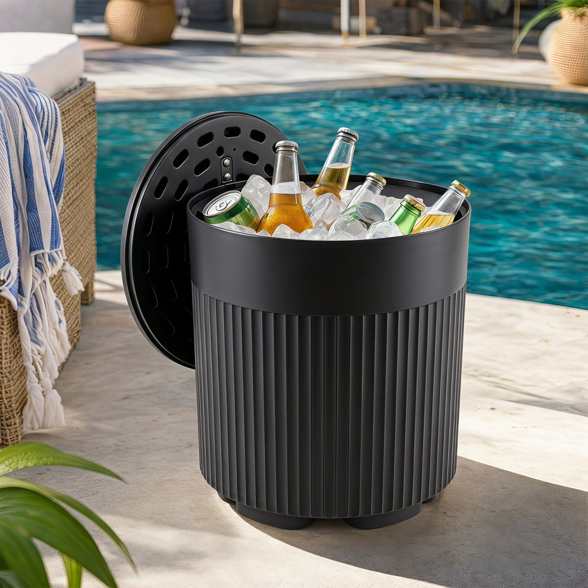 3-in-1 Outdoor Cooler Side Table with Fluted Design for Deck-Black-Coolers-DECOROLALA