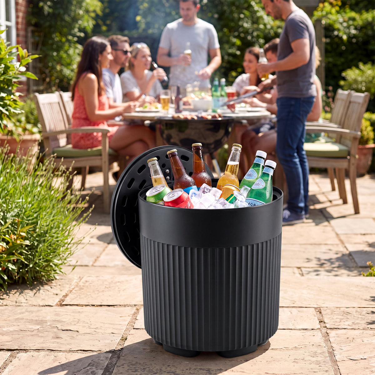 3-in-1 Outdoor Cooler Side Table with Fluted Design for Deck-Black-Coolers-DECOROLALA