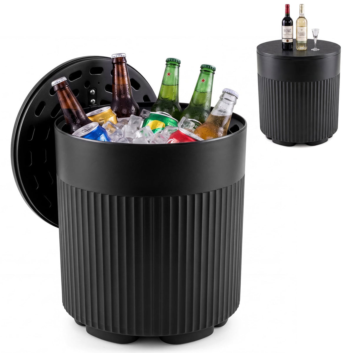 3-in-1 Outdoor Cooler Side Table with Fluted Design for Deck-Black-Coolers-DECOROLALA