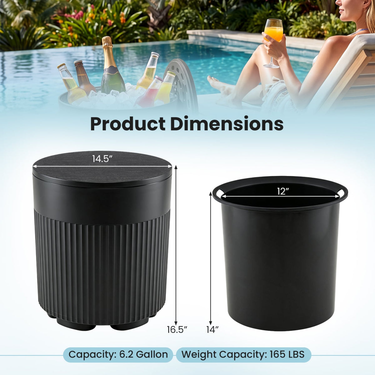 3-in-1 Outdoor Cooler Side Table with Fluted Design for Deck-Black-Coolers-DECOROLALA