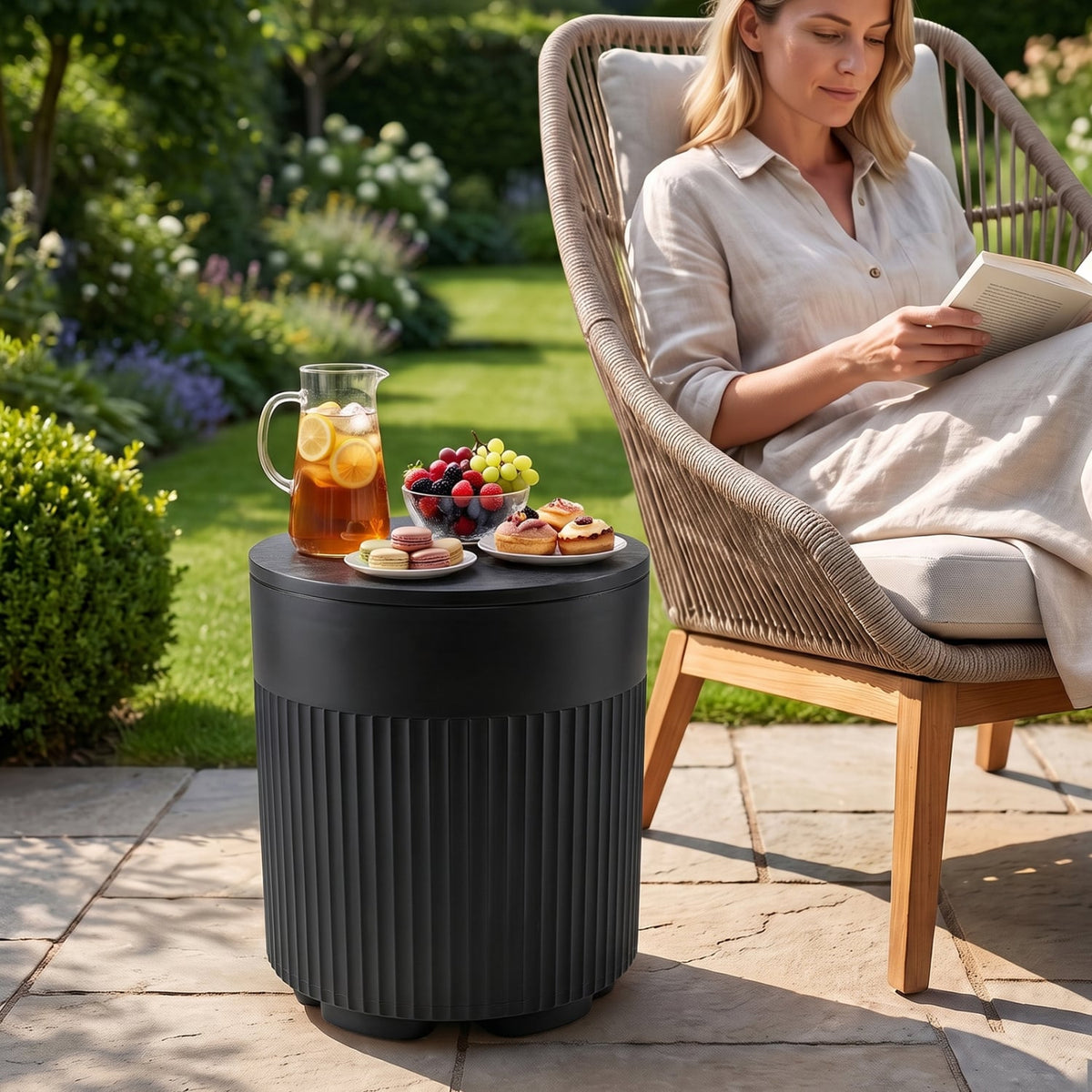 3-in-1 Outdoor Cooler Side Table with Fluted Design for Deck-Black-Coolers-DECOROLALA