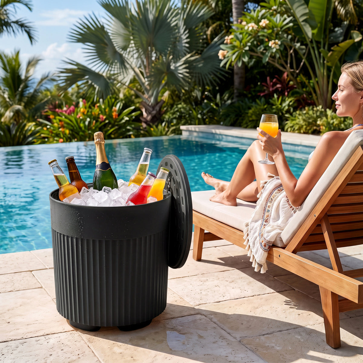 3-in-1 Outdoor Cooler Side Table with Fluted Design for Deck-Black-Coolers-DECOROLALA