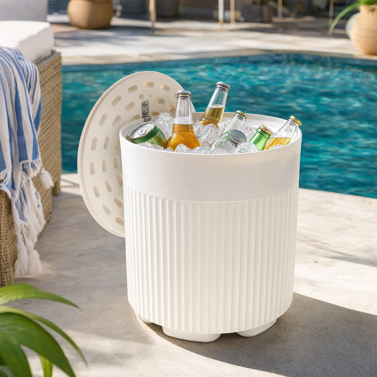 3-in-1 Outdoor Cooler Side Table with Fluted Design for Deck-White-Coolers-DECOROLALA