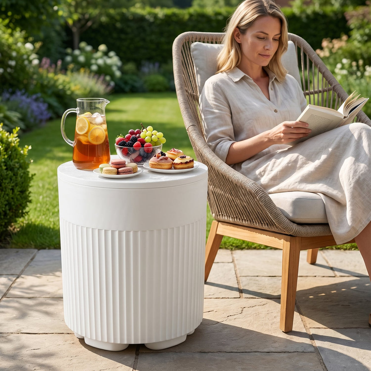 3-in-1 Outdoor Cooler Side Table with Fluted Design for Deck-White-Coolers-DECOROLALA