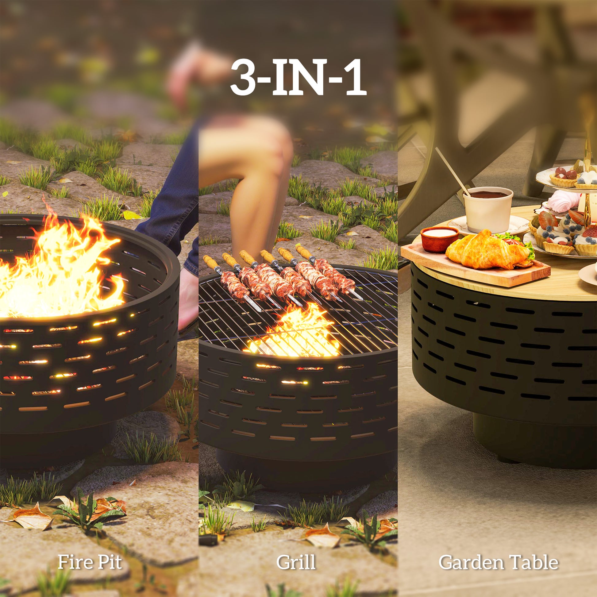 3-in-1 Outdoor Fire Pit with Grill Grate - Charcoal Grey-Patio & Garden > Fire Pits-DECOROLALA